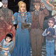 a family in old clothes with a record player and music box
